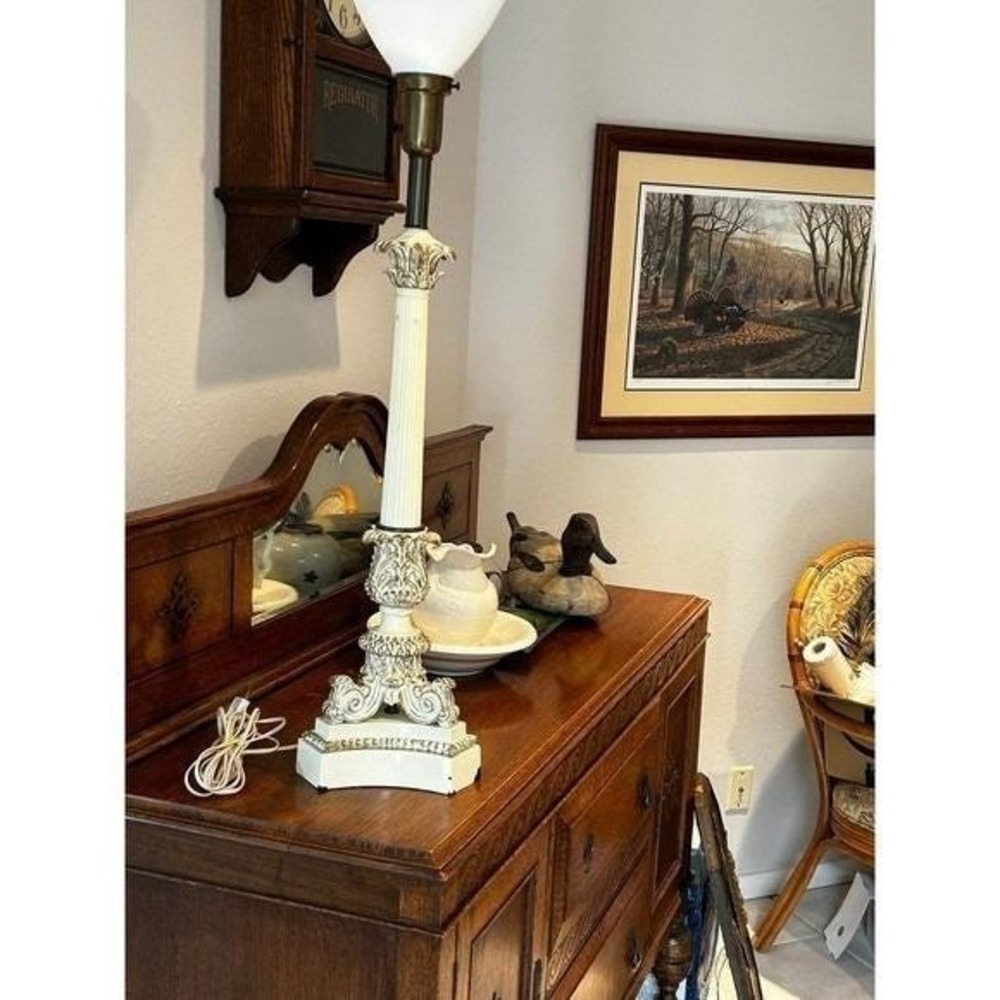 Vintage Ornate Column Table Lamp White Glass Shade Gold Accents - Picture 4 of 4